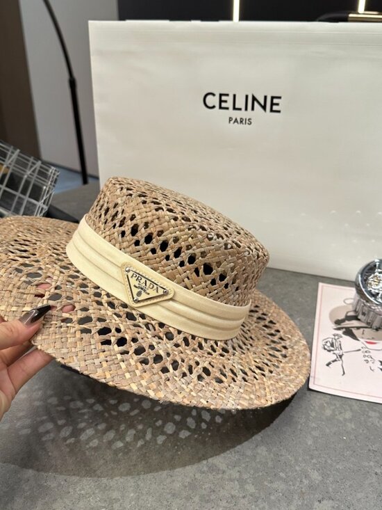 Prada Open-Weave Straw Boater Hat main image 6